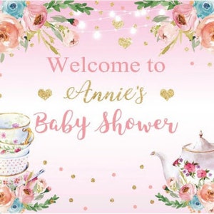 Sfondo fotografico per festa del tè, sfondo floreale rosa e oro per festa di compleanno di una ragazza, sfondo per baby shower, studio fotografico, banner di sfondo personalizzato