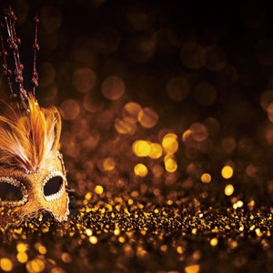 Carnival Masquerade Mask Photography Backdrops,Masquerade Birthday Party Vinyl Backdrop Banner,Gold and black glitter Adult Party Backdrop