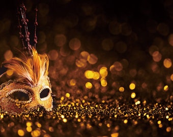 Carnival Masquerade Mask Photography Backdrops,Masquerade Birthday Party Vinyl Backdrop Banner,Gold and black glitter Adult Party Backdrop