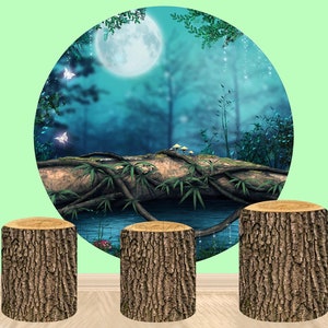 Magic Fantasy Forest Moon Round Circle Photography Backdrop Birthday Party Baby Shower Wood 3 Cylinder Cover Plinth Cover Elastic background