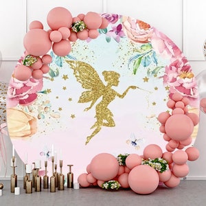 Runder Fee Schmetterling Fotografie Hintergrund, Gold Stern Rosa Blume Mädchen Geburtstagsparty Baby shower Kreis Hintergrund Abdeckung Photo Booth Studio