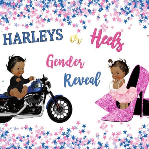 Harleys or Heels Gender Reveal Baby Shower Photography Backdrop,Motorcycle Wheels or Heels Blue or Pink Background Photo Booth Studio Props