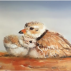 ACEO Bird Art Print of my original painting (aceo art card print) Piping Plover & Chick bird wildlife animals shorebirds miniature art baby