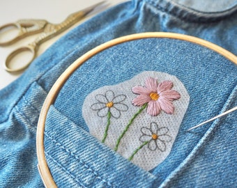 Floral Stick and Stitch Embroidery Patches, Printed sewing patterns, Stitching gift, Sustainable gift