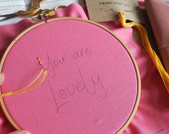 You Are Lovely Bright Pink Embroidery Kit, DIY Craft Kit for Beginners, Galentines Gift for Best Friend, Letterbox Gift for Sister