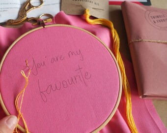 You Are My Favourite Bright Pink Embroidery Kit, DIY Craft Kit for Beginners, Galentines Gift for Best Friend, Letterbox Gift for Sister