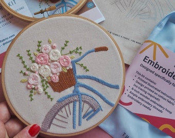 Bike Embroidery Kit, Floral Needlepoint Kit, Hoop Art, Flower Crafts, Birthday gift for bike lover