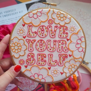Embroidery Kit for Self Love, 70s Home Decor DIY Craft Kit for Beginners, Galentines gift for best friend, Valentines gift for daughter