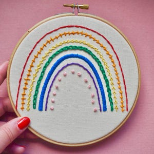 Rainbow Embroidery Kit for Beginners, Learn 6 Stitches, DIY Hoop Art Kit, Mindful Craft Gift, Preprinted Fabric, Easy Sewing Kit