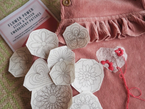Flower Power Stick and Stitch Embroidery Patches, Printed sewing patterns, Stitching gift, Sustainable gift