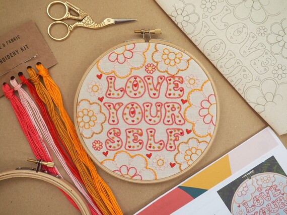 Love Yourself Embroidery Kit, 70s Home Decor DIY Craft Kit for Beginners, Galentines gift for best friend, Valentines gift for daughter