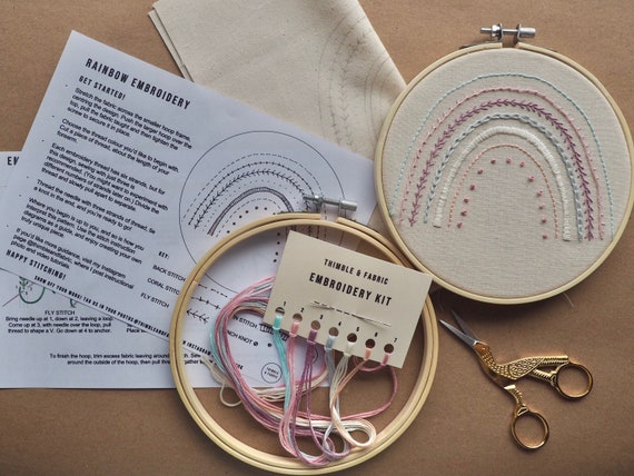 Pastel Rainbow Complete Hand Embroidery Kit / for Beginners, Kids & Adults / Hoop Art Kit / Craft Kit Gift