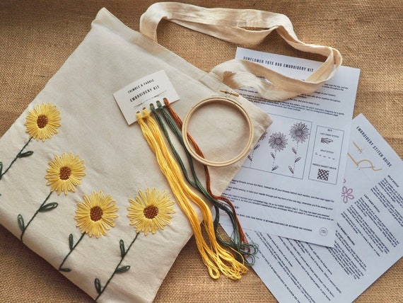 Sunflower Tote Bag DIY Complete Hand Embroidery Kit / Reusable shopper / for Beginners, Kids & Adults / Hoop Art Kit / Craft Kit Gift