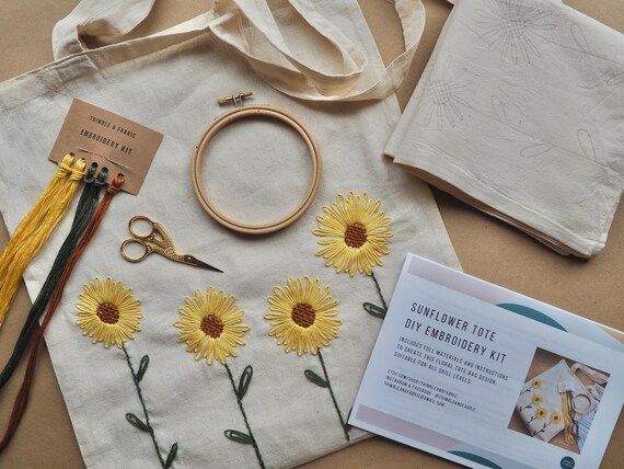 Sunflower Tote Bag Embroidery Kit, Reusable shopper, Sustainable gift