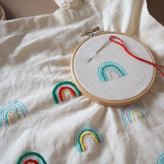Rainbow Tote Bag DIY Complete Hand Embroidery Kit / Reusable shopper / for Beginners, Kids & Adults / Hoop Art Kit / Craft Kit Gift