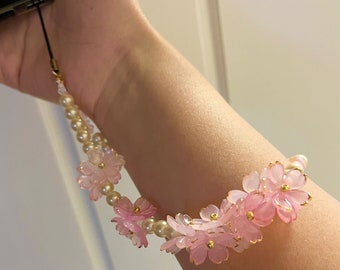 cherry blossom flowers and pearls phone strap