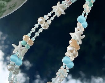 Ocean Blue Starfish Pearl Beaded Phone Strap, Coastal Wrist Lanyard