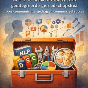 Könnte beinhalten: Illustration einer orangefarbenen Werkzeugkiste mit dem Titel "DE MENSELIJKE CODE" und dem Text "NLP, DISC en micro-expressies als geïntegreerde gereedschapskist voor communicatie, gedrag en commercieel succes". Die Werkzeugkiste enthält Bücher, Werkzeuge und eine Lupe.