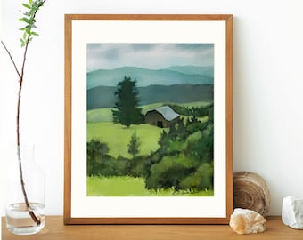 Green Mountain Farm con Vecchio Fienile / Campi Verdi / Fattoria Home Decor / Stampa artistica / Acquerello Blue Ridge Mountain Landscape Art