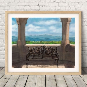 Teehaus Südterrasse im Biltmore Estate in Asheville NC/Original Kunstdruck / Malerei von Mt Pisgah/Vanderbilt Kunst/Bench mit Landschaft