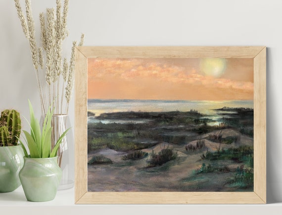 Highway 81 Outer Banks, NC/Sunset over water/ Sand dunes in Coastal NC/Original Art Print/Oil painting+digital drawing/