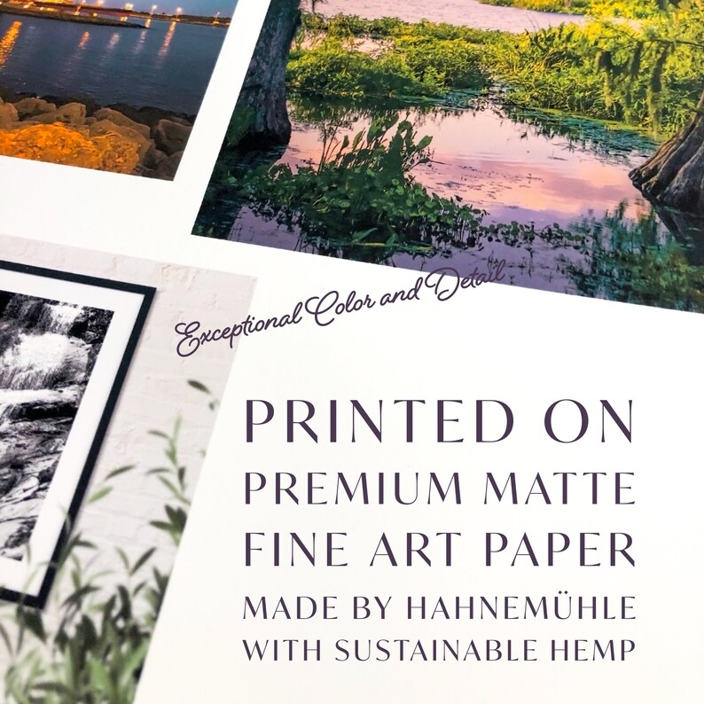 Pu&ograve; includere: Stampato su carta fine art opaca di alta qualit&agrave; realizzata da Hahnem&uuml;hle con canapa sostenibile. Il testo "Exceptional Color and Detail" &egrave; scritto in corsivo.