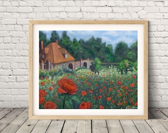 Rose Garden presso Biltmore Estate ad Asheville NC/Original Art Print/ Digital Drawing of Red Roses/Formal garden Art/Conservatory at Biltmore
