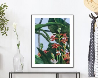 Orange Flowers in Greenhouse at Biltmore Estate in Asheville, NC , Original Painting of Flowers and Fauna Print for Home