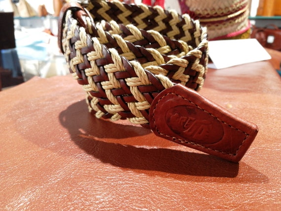 braided woven leather and rope belt Vintage Braided Navy Rope Belt / Leather Buckle / Skinny 1  main image 4