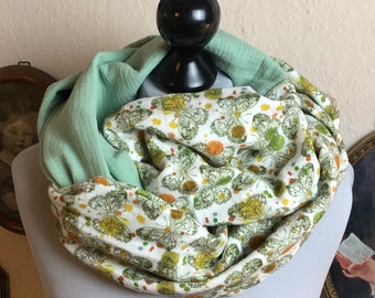 Loop loop scarf tube scarf muslin mix in light green and natural white with butterflies