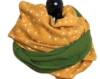 XXL MUSSELLIN CLOTH 130 x 130 cm Two kinds in green and yellow yellow with dandelions and plain green