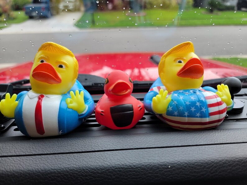 May include: Three rubber duck bath toys. One is yellow with a blue suit and red tie. Another is yellow with a red, white and blue American flag design. The third is red with a black beak.