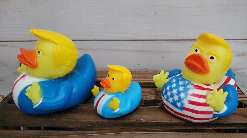 May include: Three rubber duck toys, one large and two smaller, with a yellow rubber duck head and a blue, red and white patterned body. The large duck has a blue body with a white collar and a red tie. The smaller ducks have a red, white and blue patterned body.