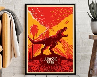May include: A red and yellow poster with a silhouette of a Tyrannosaurus Rex dinosaur in front of a volcano erupting. The poster says "Jurassic Park" in bold black letters.