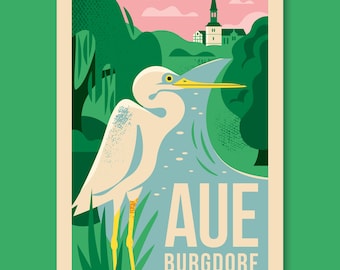 Pode incluir: Um cartaz de viagem em estilo vintage com uma garça branca perto de um rio, com o texto "AUE BURGDORF". O fundo inclui árvores verdes, um céu rosa e uma igreja.
