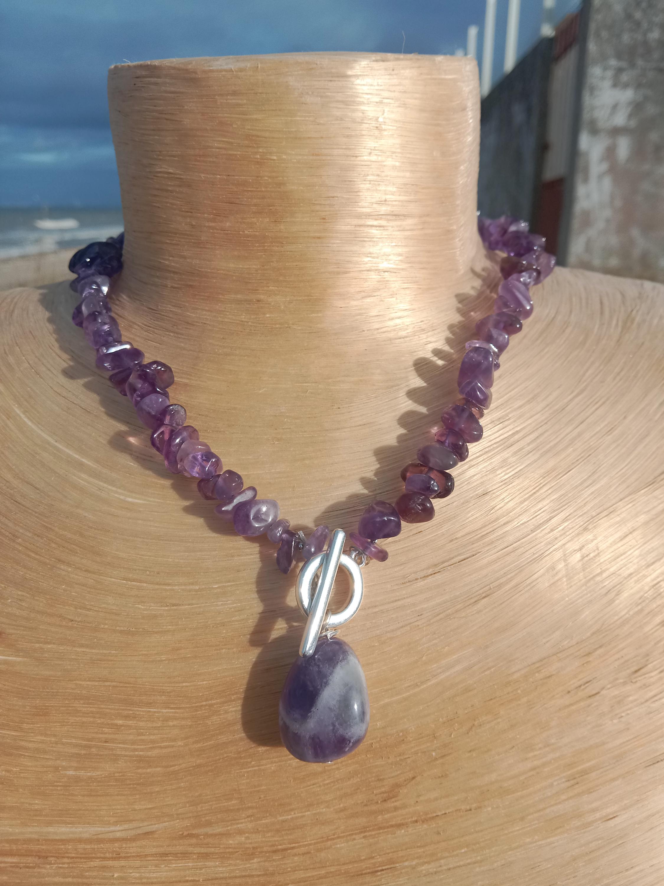 Collier Pendentif Argent Massif Avec Boules Et Pierres Violettes