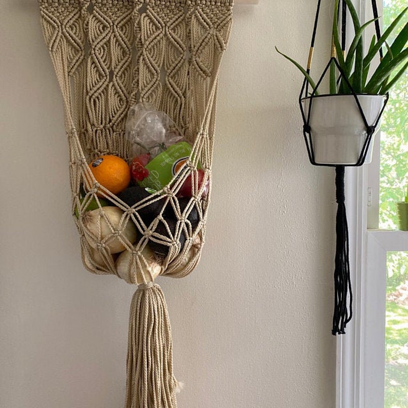 macrame hanging toy basket