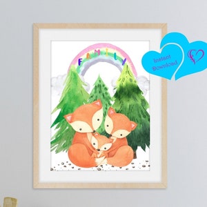 Familia con Zorros Arte Imprimible Descarga Digital Instantánea / Guardería / Niños / Regalo