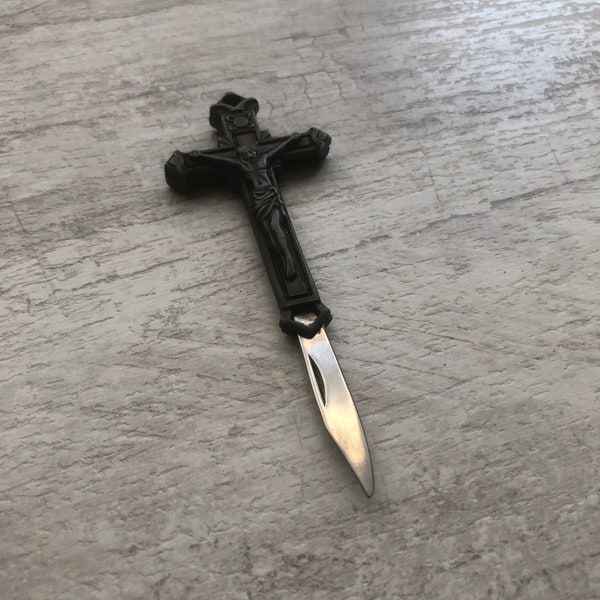 Vintage folding  Religious knife cross crucifix charm Necklace chrisitian jewerly old mini small souvenir penknife arame