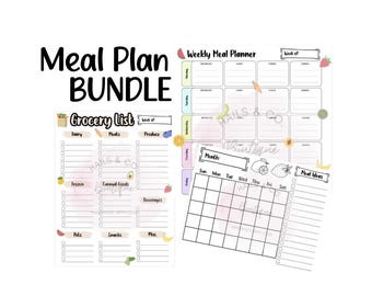 May include: A printable meal planning bundle featuring a grocery list, weekly meal planner, and monthly meal planner. The pages are decorated with colourful fruit illustrations.