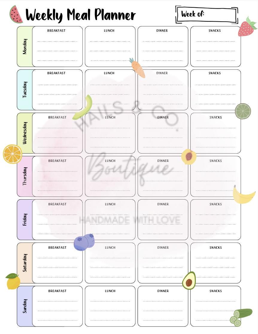 Weekly Meal Planner, Digital Download, Printable Weekly Meal Planner ...