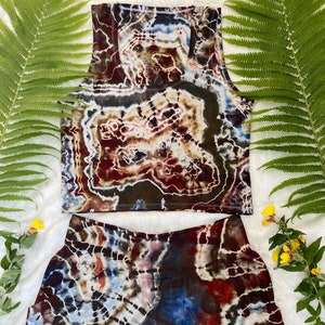 Tie dye bamboo shorts and crop top tank set handmade and hand dyed pockets high waisted ice dye matching festival outfit XL