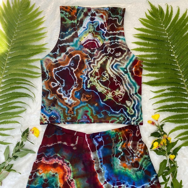 Tie dye bamboo shorts and crop top tank set handmade and hand dyed pockets high waisted ice dye matching festival outfit large