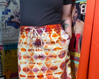 Upcycled Tie Dye Denim Skirt, High Waisted Midi, Size 8-10
