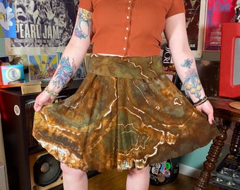 tie dye knee length A-line organic cotton knit skirt ice dyed geode design