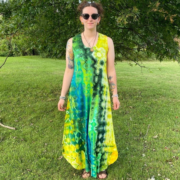 maxi dress ice dyed full length bamboo jersey gown tie dyed sundress tank top handmade retro beatnik