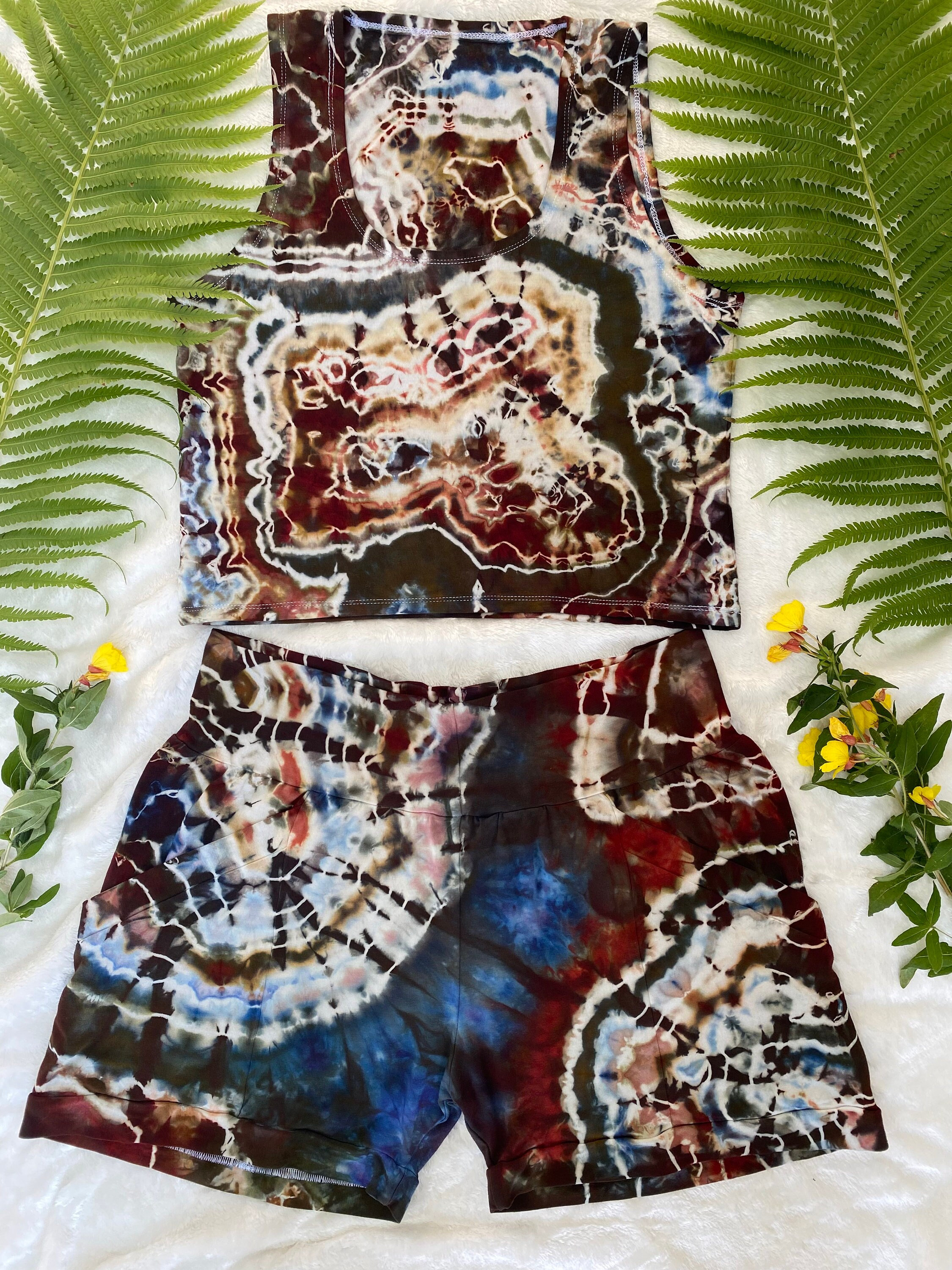 Tie dye bamboo shorts and crop top tank set handmade and hand dyed pockets  high waisted ice dye matching festival outfit XL