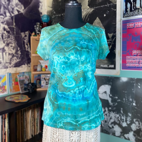 women’s tie dye t-shirt upcycled ice dye blue geode ocean green short sleeve blouse cotton boho top festival