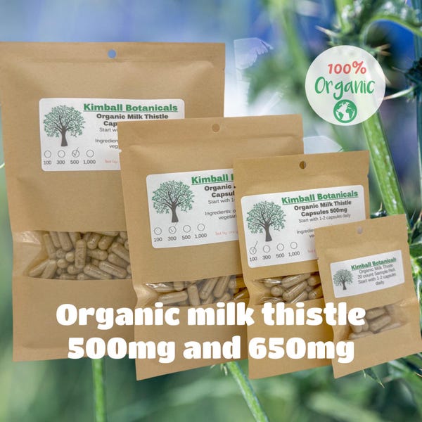 Cardo mariano orgánico certificado (Silybum marianum) 500 mg y 650 mg, en cápsulas vegetarianas o de pululano, o en tintura, elaborados frescos bajo pedido.