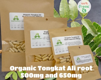 Certified Organic Tongkat Ali root (Eurycoma longifolia) 500mg or 650mg vegetarian capsules, pullulan, or tincture, made fresh to order